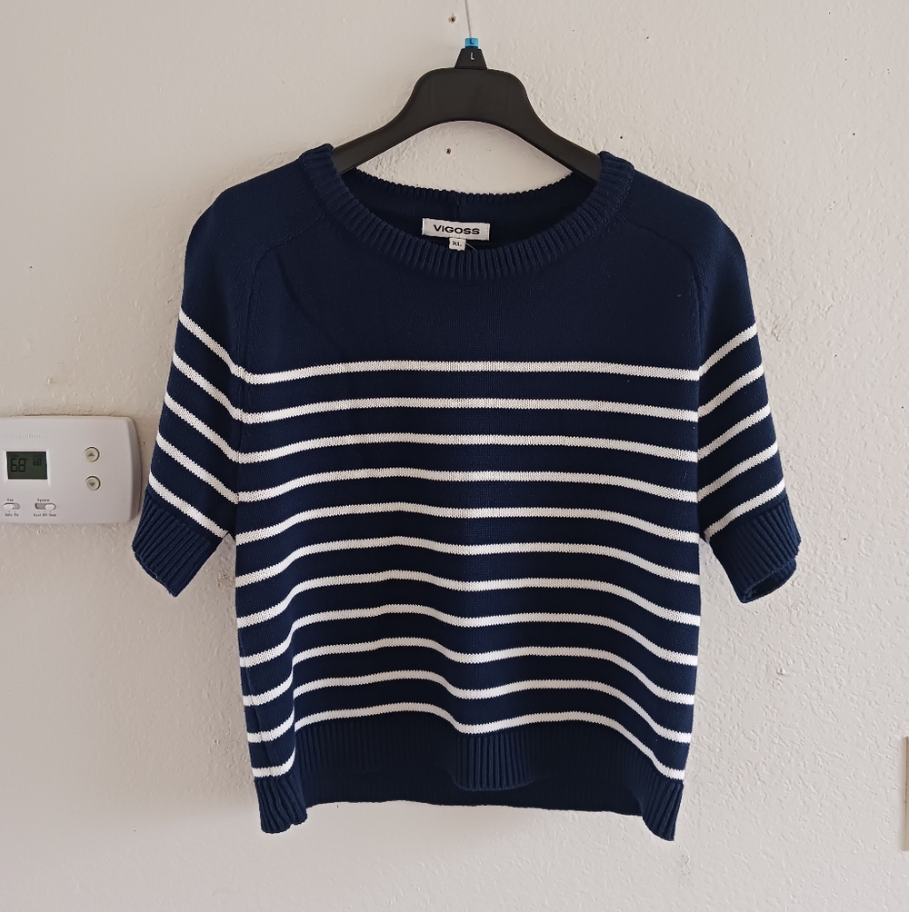 Vigoss Stripe Navy Short Sleeve Top
